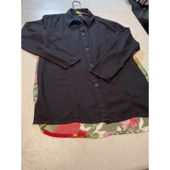 Kaktus Tops - Kaktus Womens Black Button Front Layered Floral Shirt M